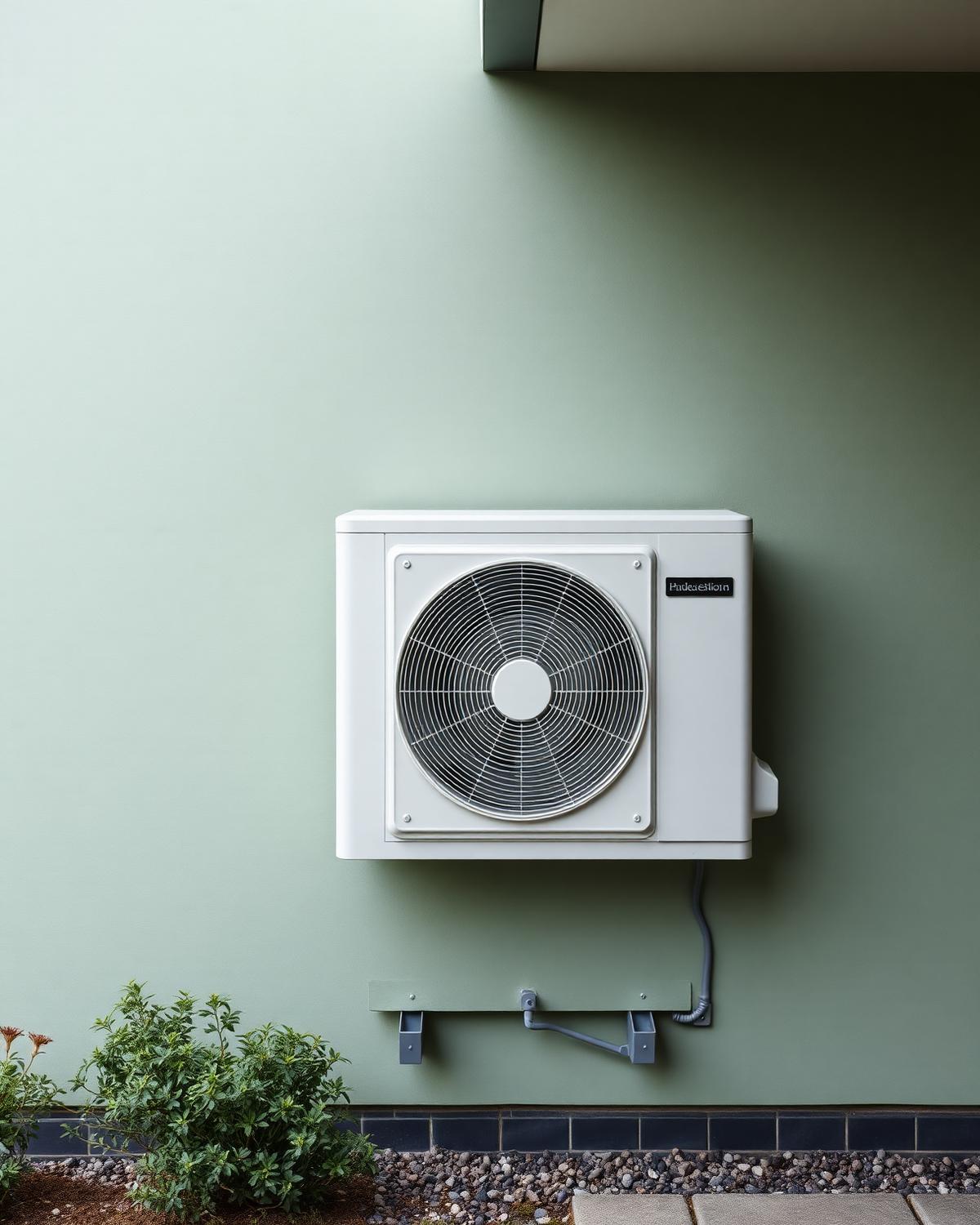 Buitenunit warmtepomp tegen sage-groene gevel